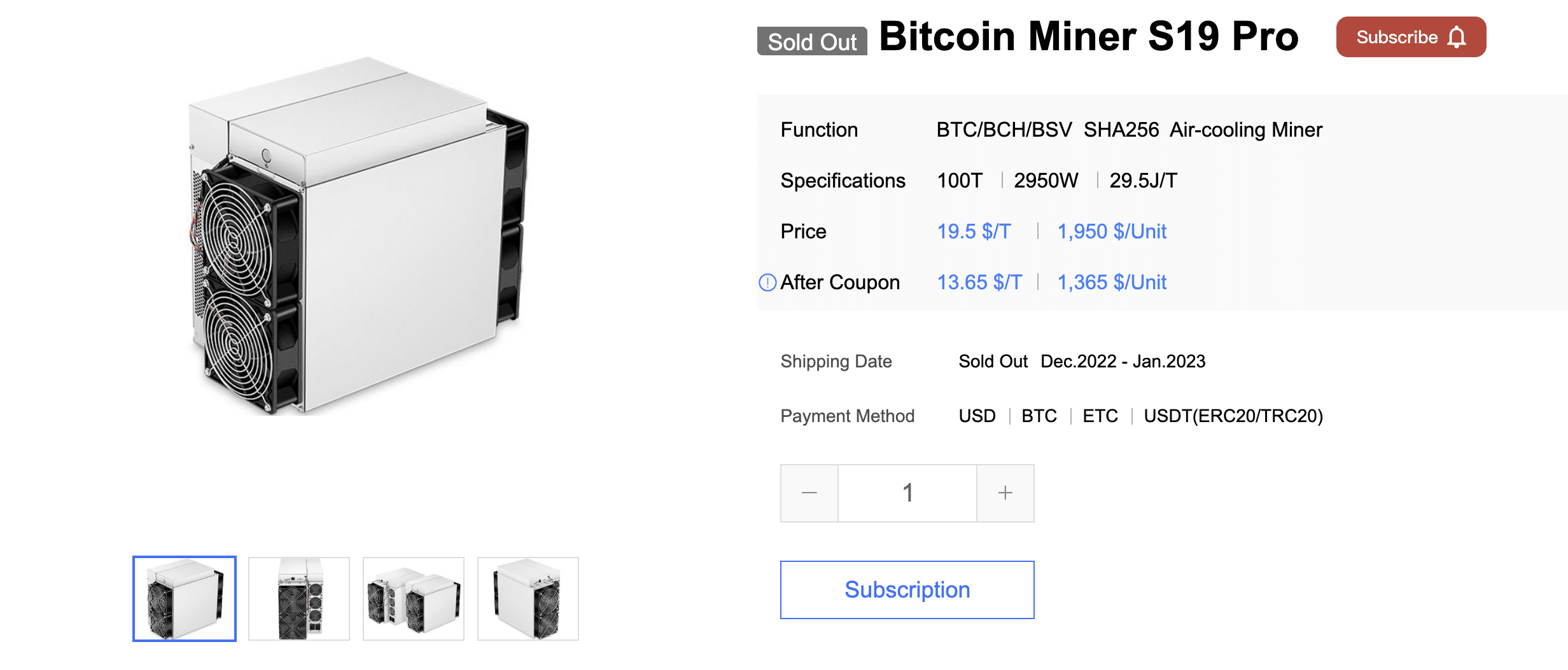 Bitcoin Miner S19 Pro