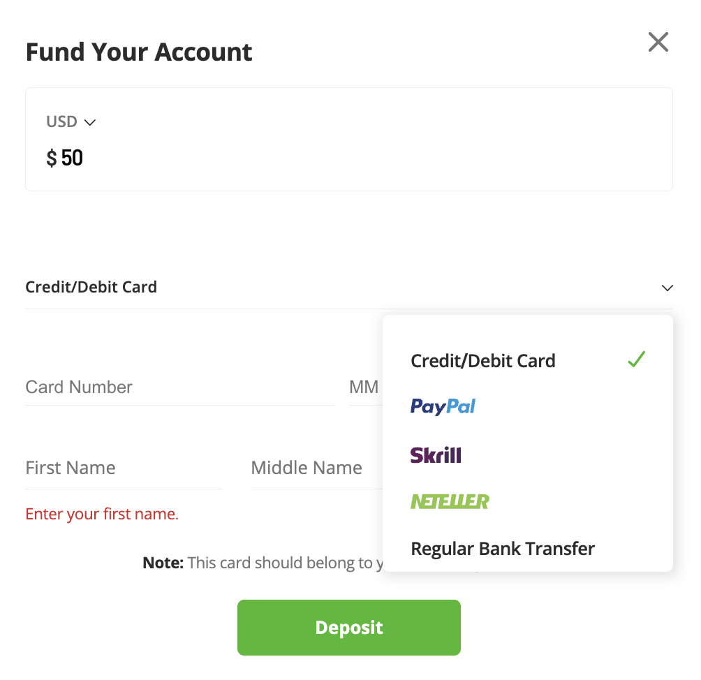 Make a Deposit with eToro 