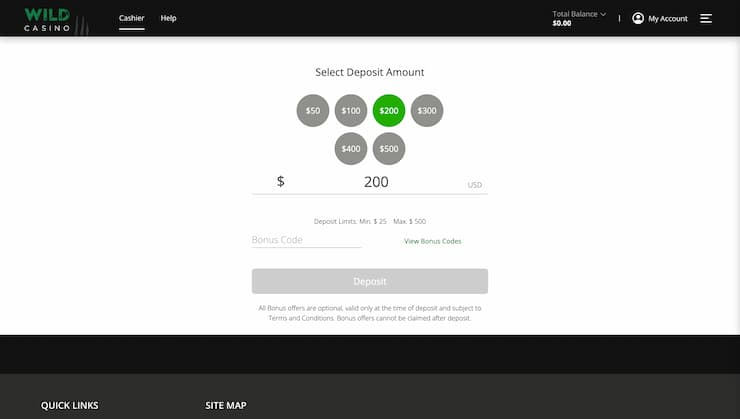 Wild Casino Credit Card Bonus Code