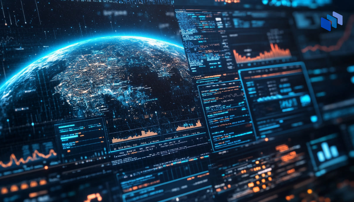 A digital interface displaying Earth from space, featuring data visualizations, graphs, and futuristic design elements in blue and orange tones.