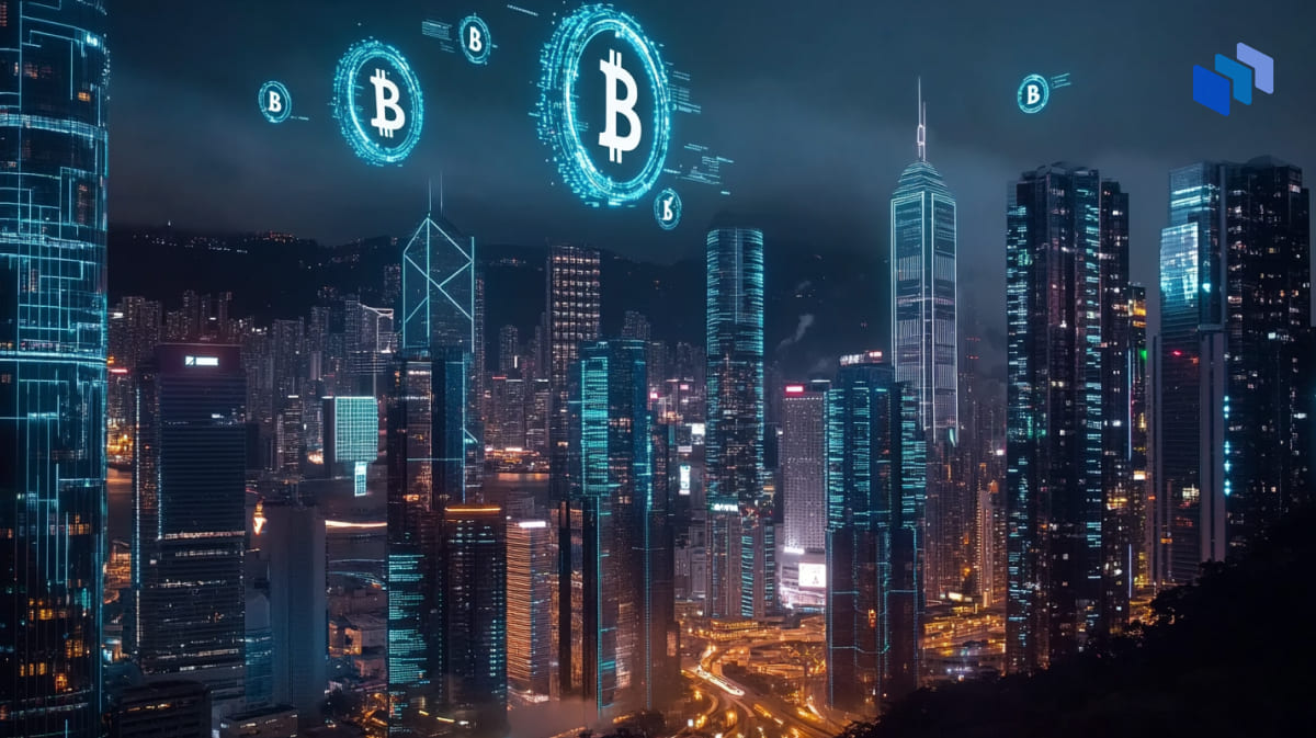 A futuristic city skyline at night with glowing buildings and Bitcoin symbols hovering above, representing digital finance and innovation.