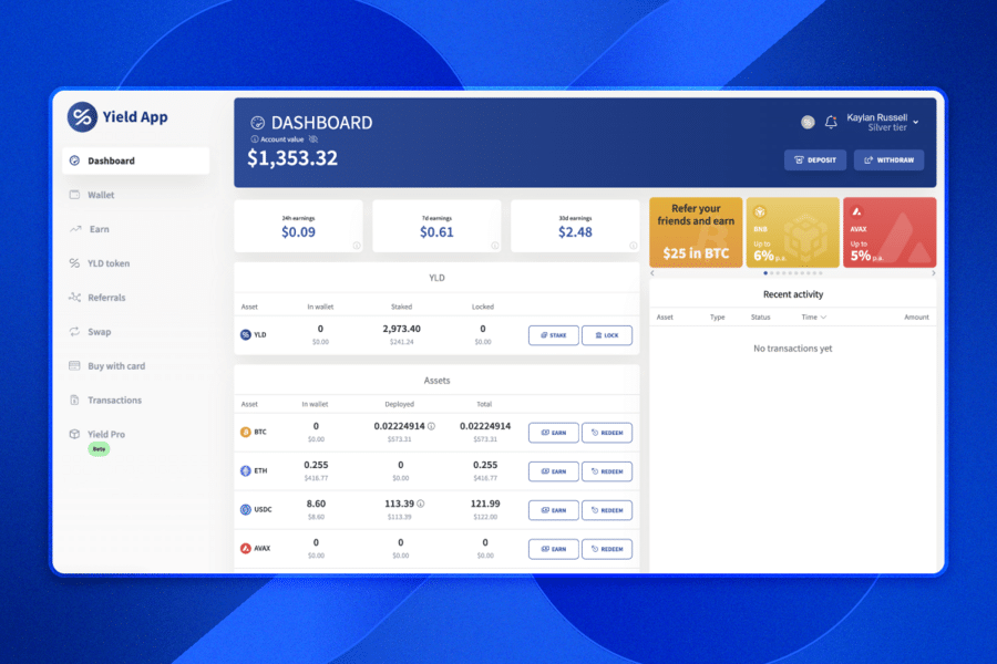 The main dashboard of Yield App