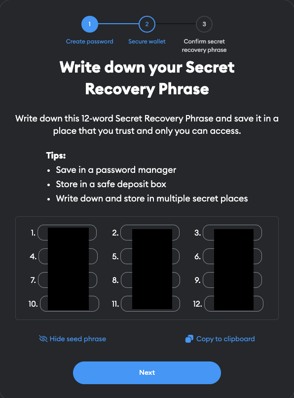 A Screenshot of MetaMask Secret Recovery Phrase