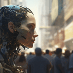 An android overlooks a crowd