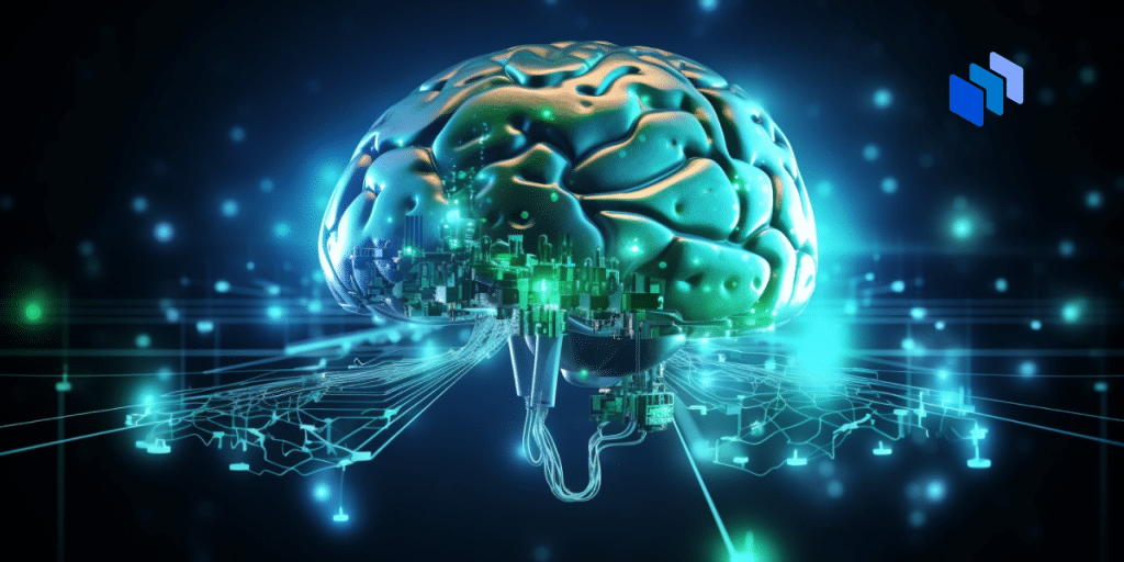 A stylized image of a brain hooked up within a network.