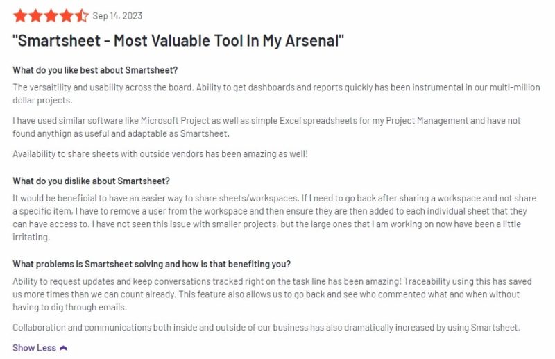 G2 user review of Smartsheet project management software