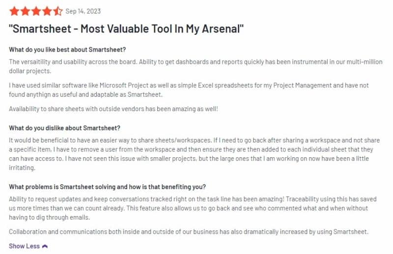 G2 user review of Smartsheet project management software