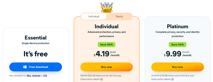 3 pricing tiers of Avast