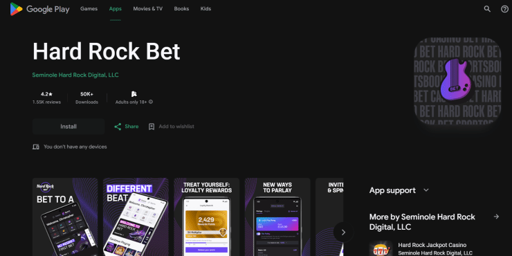 Google Play Store showing Hard Rock Bet app