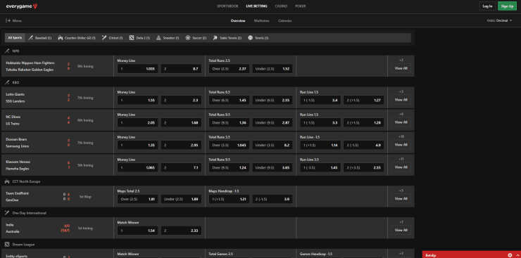 Live betting screen at EveryGame.