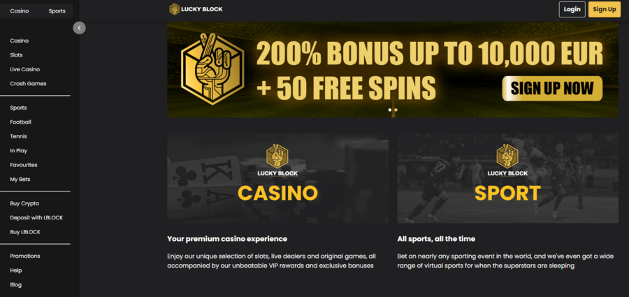 Lucky Block casino homepage