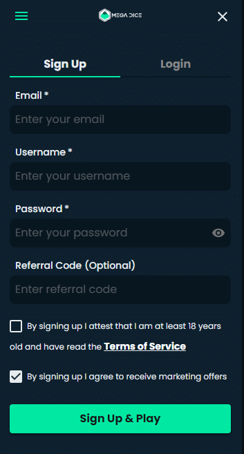 Mega Dice sign up prompt