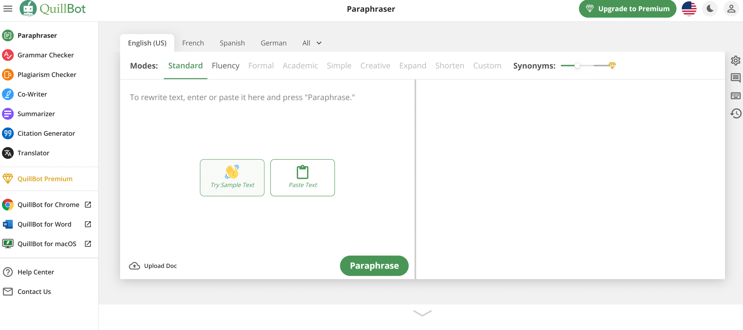 Quillbot home page defaults to the Paraphraser product.
