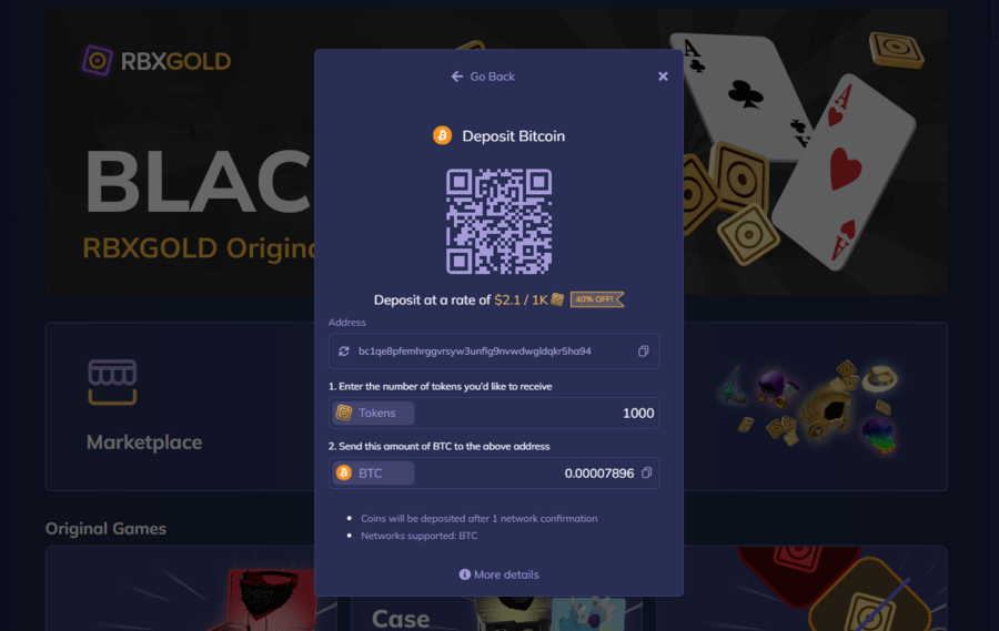 RBXGOLD deposit BTC
