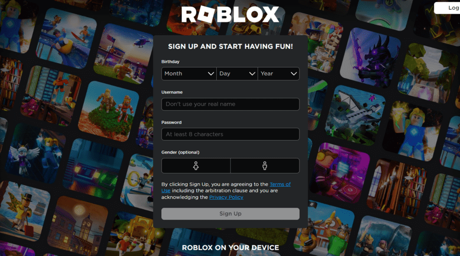 Roblox sign up screen