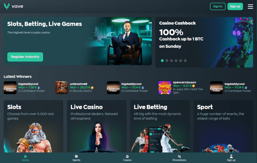 Vave casino homepage