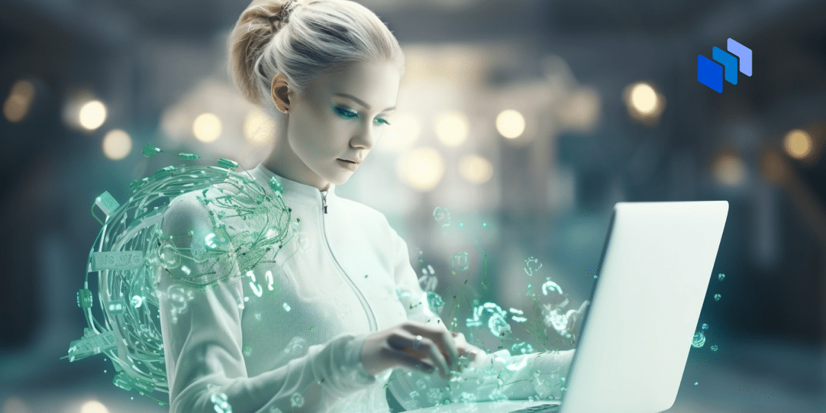 A woman surrounded by data in front of a laptop.