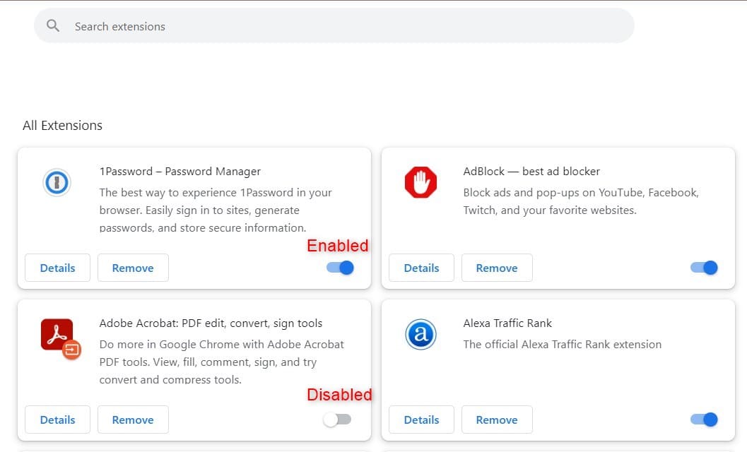 Enabled and disabled extensions in Chrome