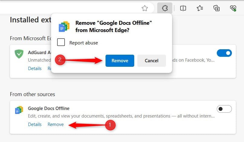 Remove extensions in Edge