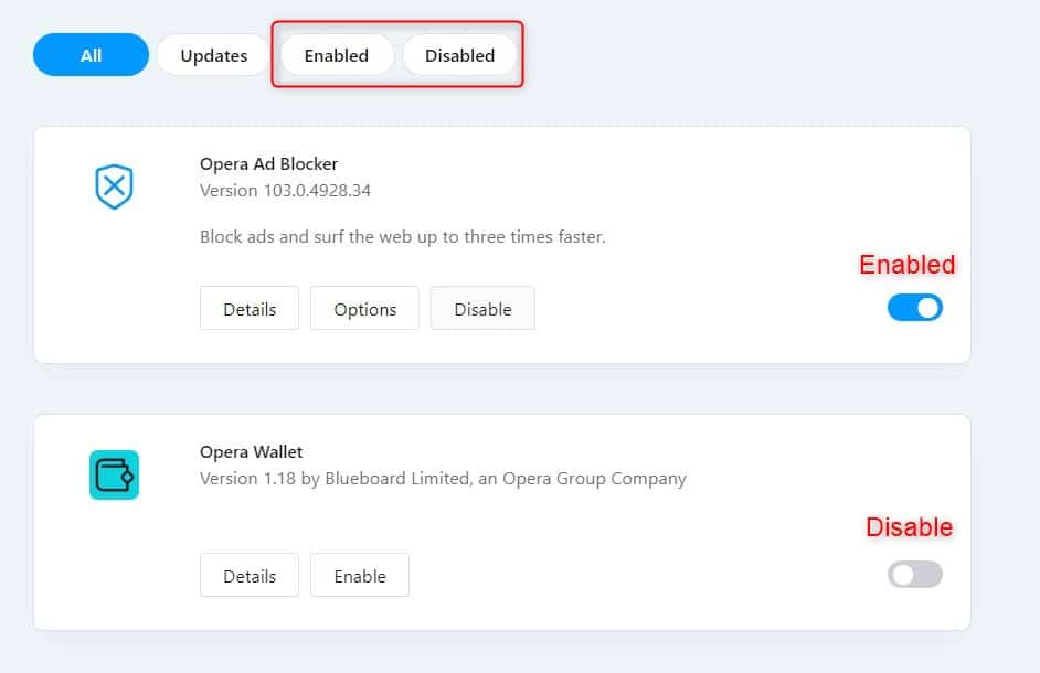 Enabled and disabled extensions in Opera