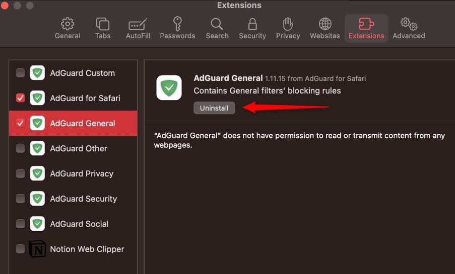 Uninstall an extension in Safari