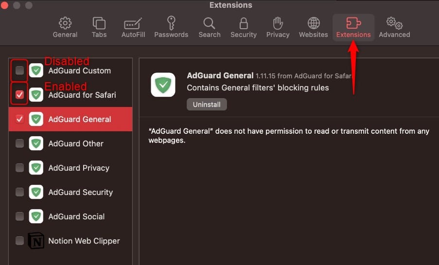 Enabled and disabled extensions in Safari