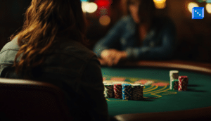 View from behind a person sitting at a blackjack table in a casino.