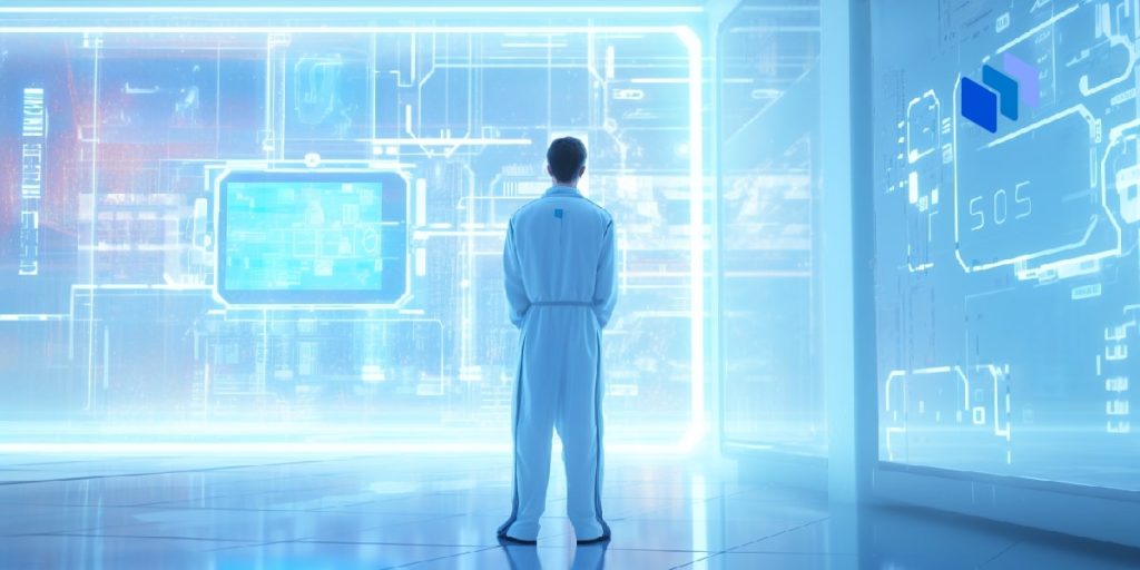 A man in front of a super computer