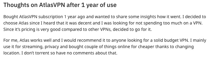 A screenshot of a positive AtlasVPN review from Reddit.