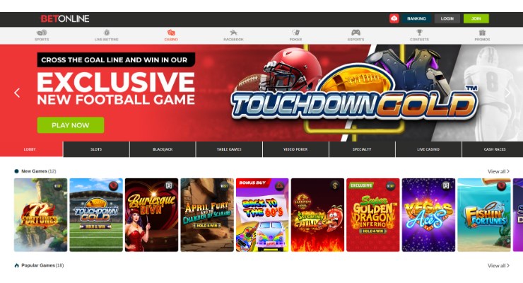 BetOnline casino homepage.