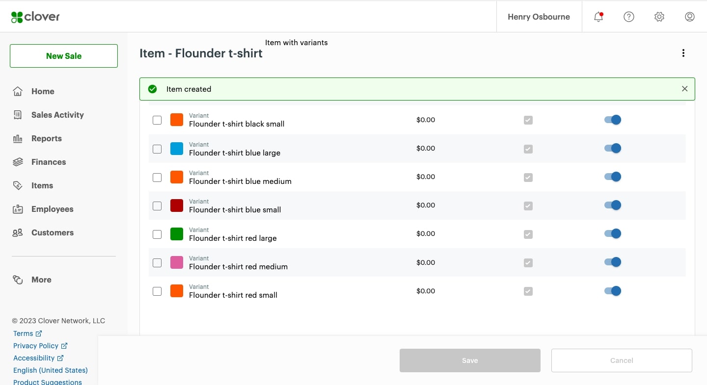A screenshot of the Clover POS inventory management tool.
