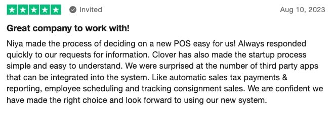 A screenshot of a positive Clover POS review on TrustPilot.