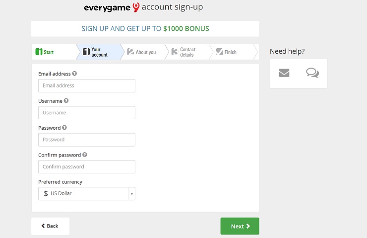 Everygame Account Sign Up Form