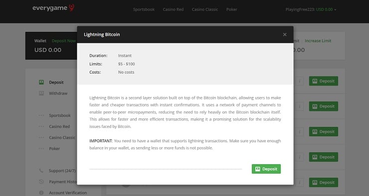 Everygame Lightning Bitcoin Deposit
