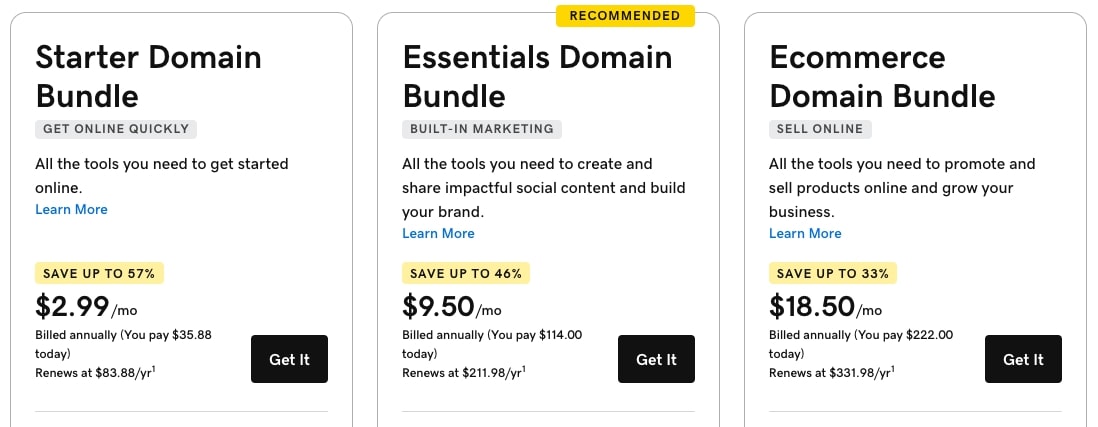 A table with a breakdown of the GoDaddy hosting bundle prices.