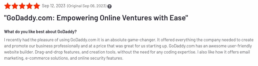A positive GoDaddy review on G2.