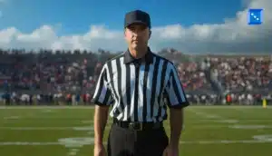 An NFL referee stands confidently on the field, dressed in classic black and white stripes, with a stadium full of spectators behind.