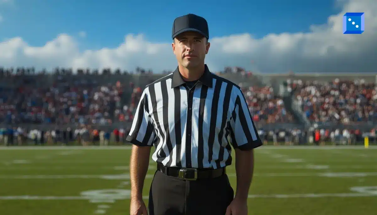An NFL referee stands confidently on the field, dressed in classic black and white stripes, with a stadium full of spectators behind.