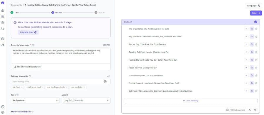 Hypotenuse AI text editor