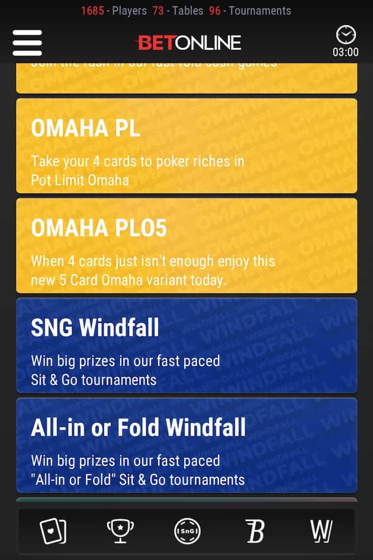 BetOnline mobile poker features