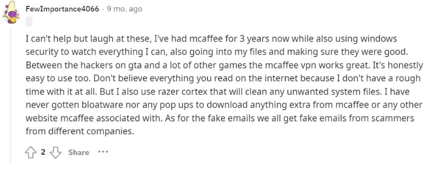 McAfee VPN Reddit review