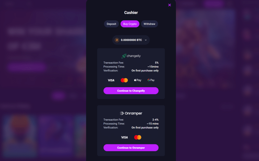 Cryptocurrency can be acquired within Metaspins via two payment providers