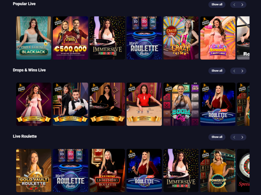The live casino has a few subsections, which makes it easier to find the games you want to try