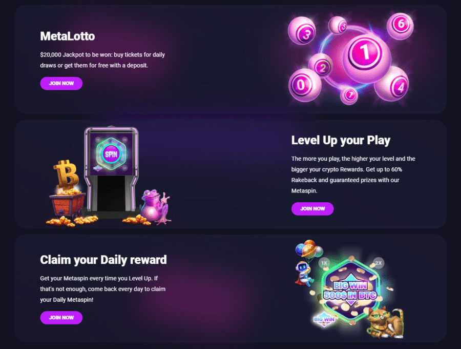 Metaspins offers many unique promos, like its MetaLotto and Level Up systems