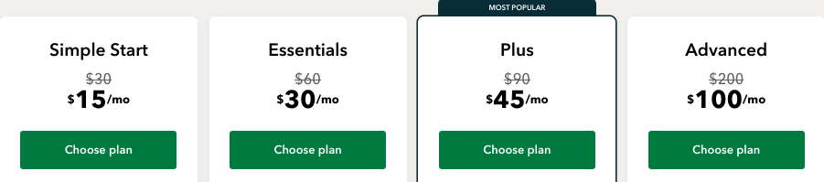 QuickBooks pricing chart displays four subscription tiers: 'Simple Start', 'Essentials', 'Plus', and 'Advanced', each with distinct features and costs.