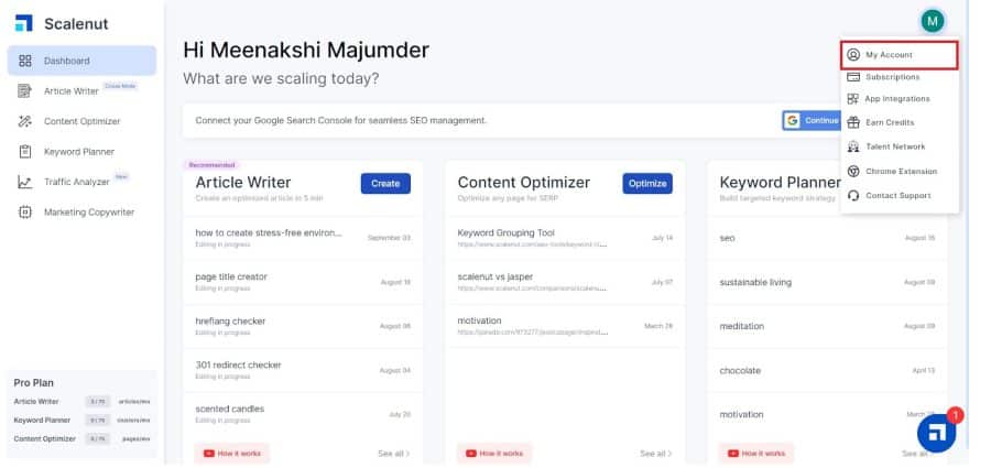 Scalenut dashboard
