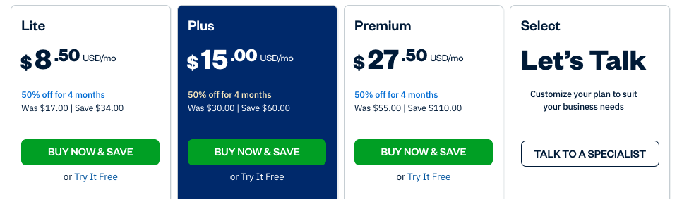 Image displaying the Lite, Plus, Premium, and Select (Custom) pricing plans offered by FreshBooks accounting software, outlining features and costs associated with each package.