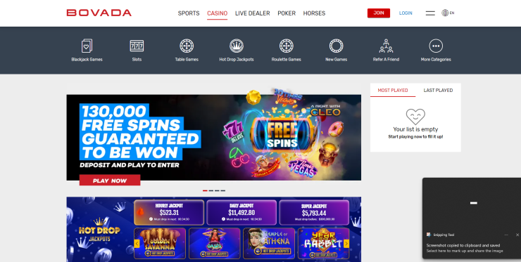 Bovada casino homepage