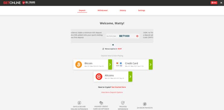 Deposit and bonus entering screen at BetOnline.