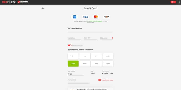 BetOnline deposit screen.